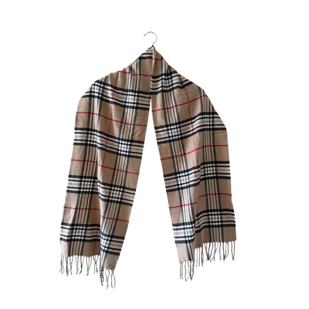 Cashmere Plaid Beige Black SoftLightweight Fringed Made in Scotland Scarf